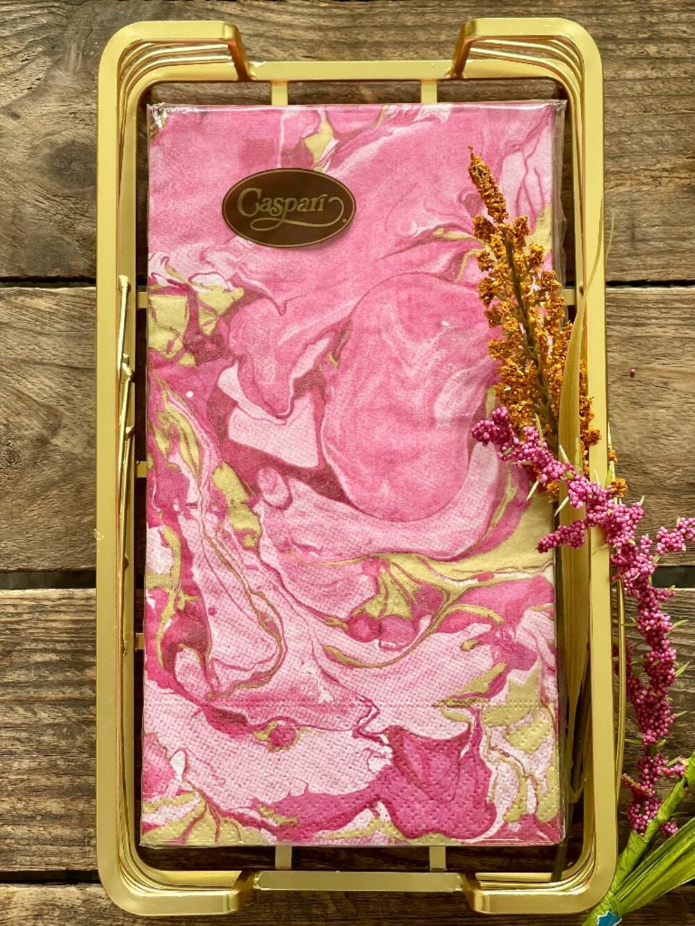NEW Caspari Marbled Guest Napkins + Gold Caddy Gift Set-Museum Quality Design